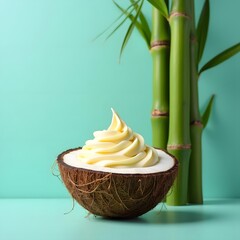 Tropical Paradise: Sun Cream on Coconut Shell with Bamboo Shoots