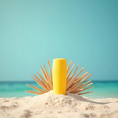 Sun-kissed Paradise: Sunscreen Bottle on Sand Mound with Woven Straw, Ocean Blue Background