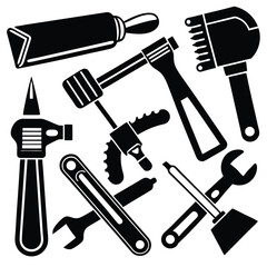 Set of Black Silhouette Hand Tools Vector Icons Including Hammer, Wrench, Screwdriver, and More