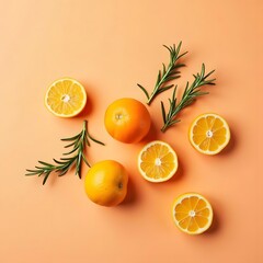 Sun-kissed Tangerines and Rosemary Sprigs on Peach Background