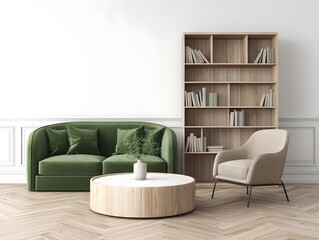 Modern living room interior with green couch and wooden elements.