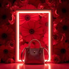 Glowing Elegance: Radiant Crimson Flower Backdrop Sets Stage for Stylish Handbag in Neon Lights