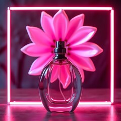 Floral Glow: Neon Lights Illuminate Perfume Bottle in Sleek Frame