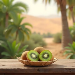 Tranquil Oasis: Kiwi in Bamboo Holder on Weathered Wooden Table