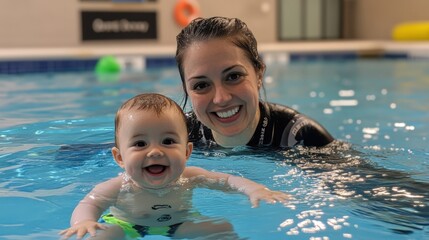 Smiling Mother and Baby Enjoying a Swimming Lesson in a Pool