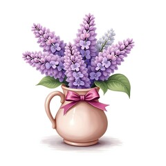 Lavender Lilacs: A Fragrant Summer Scene in Hand-Painted Clay Vase