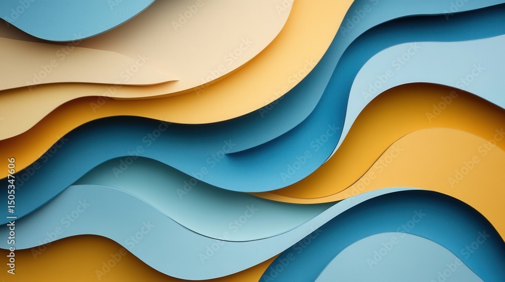 Poster abstract waves of colorful paper layers in soft pastel tones of blue, yellow, and beige creating a s