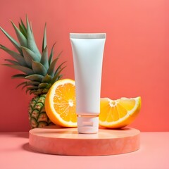 Tropical Bliss: Refreshing Moisturizer with Citrus Wedges on Coral Platform