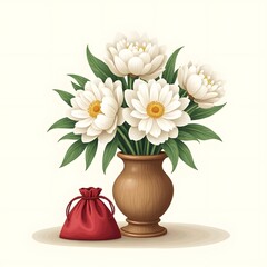 Summer Serenity: Fragrant White Peonies in Wooden Urn Vase - Greeting Card Design