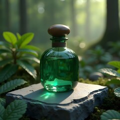 Enchanting Elegance: 3D Rendering of Exquisite Emerald Aroma Bottle in Lush Forest Setting