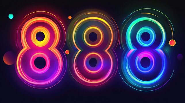 Vibrant neon rainbow 888 numbers with glowing rings and cosmic elements on a dark background
