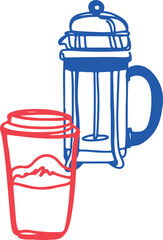 Coffee drawing, engraving, ink, line art, vector. Red blue	

