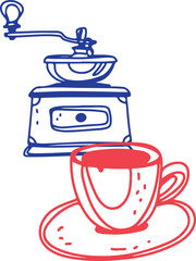 Coffee drawing, engraving, ink, line art, vector. Red blue	
