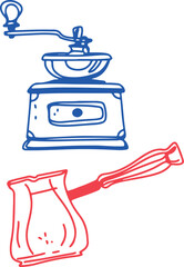 Coffee drawing, engraving, ink, line art, vector. Red blue	

