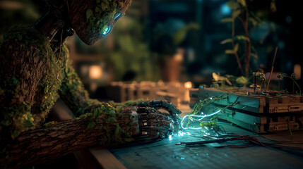 A humanoid engineer grown from tree bark collects data from liana