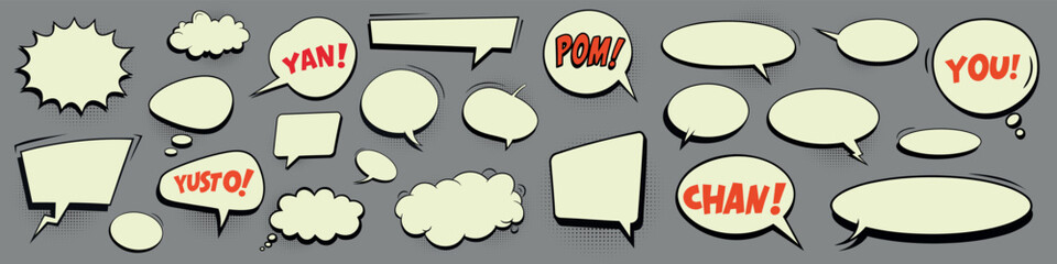 Set of retro empty comic bubbles and elements with black halftone shadows © dariachekman