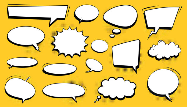 Set of retro empty comic bubbles and elements with black halftone shadows