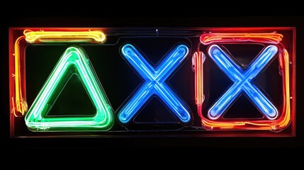 Neon-lit controller symbols; square, triangle, X, circle