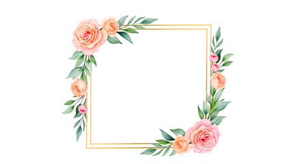 Peach Roses and Green Leaves in Golden Square Frame on Transparent