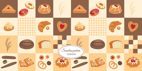 Modern seamless checkered pattern with hand-drawn fresh bakery and desserts. Vector design.