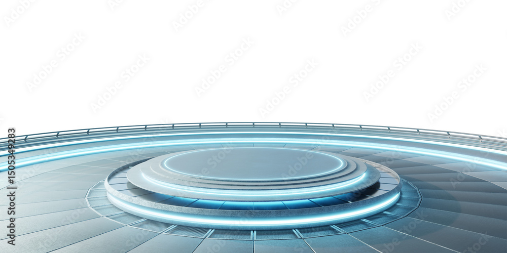 Poster 3d rendering futuristic empty podium illuminating with blue neon lights on transparent background