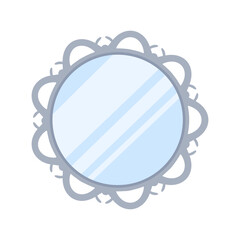 Decorative round wall metal mirror. Accessory for home interior, bathroom or bedroom interior. Elegant blue vintage mirror frame in modern style isolated. Colored flat vector illustration