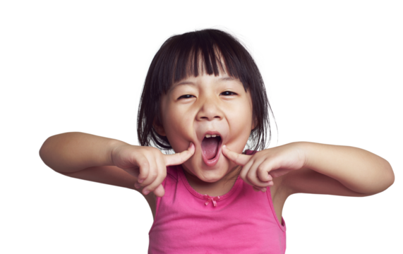Little girl pulling funny face on transparent background