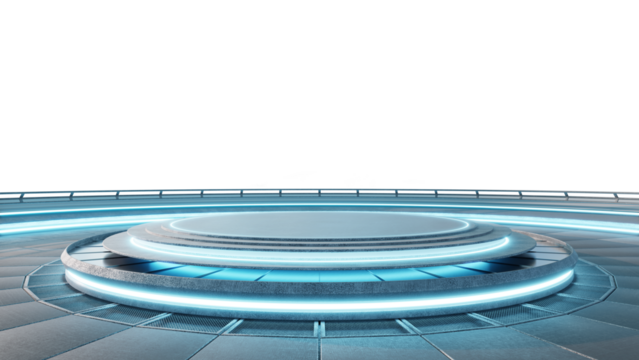 3d rendering Futuristic empty podium illuminating with blue neon lights on transparent background