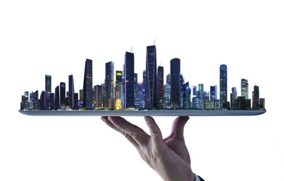 Businessman holding futuristic tablet showing night cityscape on transparent background