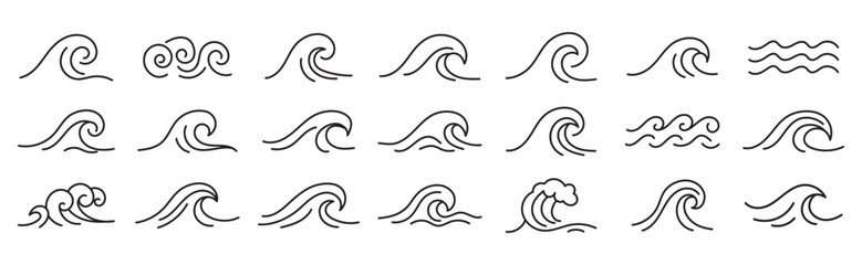 set of linear icons with symbols of water, river and sea.