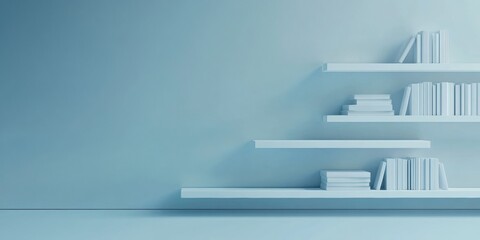 Minimalist white bookshelves with stacked books in a modern interior