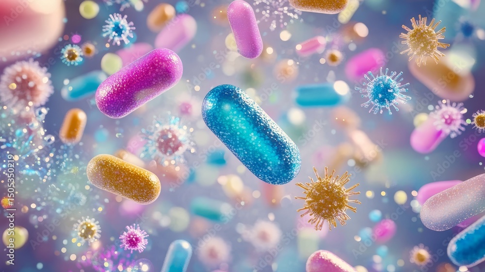 Poster a colorful microscopic view of bacteria and viruses in a dynamic array on a blurred background