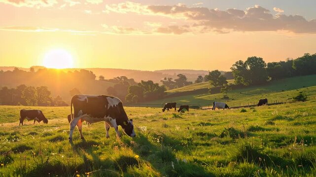 Cows graze in a lush, golden meadow at sunset - Powered by Adobe