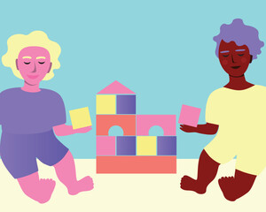 Multicultural children playing with cubes and tower building, flat vector stock illustration