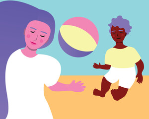 Multicultural children playing with ball as Authentic Family, flat vector stock illustration