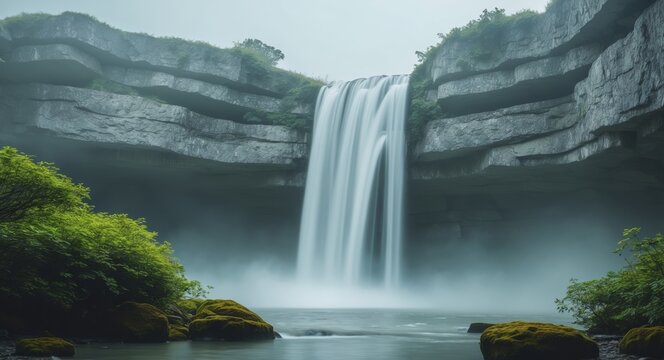 Serene Waterfall Landscape with Lush Greenery and Layered Rock Formations.