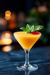 Yellow cocktail in martini glass on bar counter with bokeh lights. Cocktail hour and mixology concept. Image for banner, menu, poster with copy space.