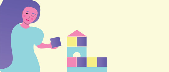 children playing with cubes and building a tower, flat vector stock illustration with baby girl as copy space template