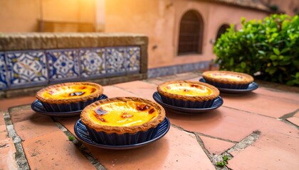 Portuguese custard tarts with outdoor cafe.