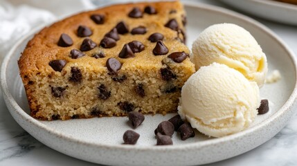 Slice Of Warm Chocolate Chip Cookie Cake With Scoops Of Vanilla Bean Ice Cream On Plate.