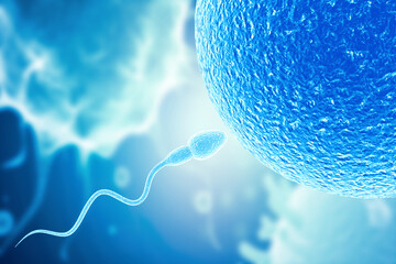 Female egg and sperm on blue color scientific background. 3d illustration.