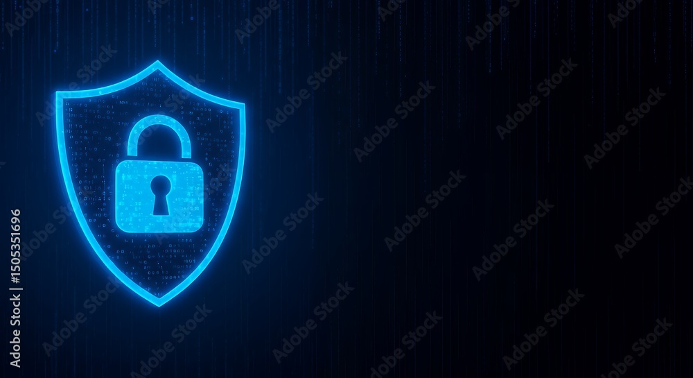 Poster cyber security concept digital lock and shield for data protection and privacy on dark background