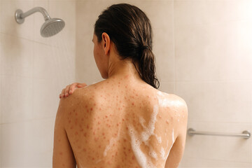 Rear view of woman with wet hair and back acne taking a shower, applying cleanser to irritated skin under running water