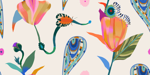 Fototapeta na wymiar Abstract flower garden with paisley and bugs pattern. Dynamic cute hand drawn botanical print. Fashionable template for design. 