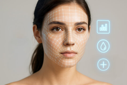Futuristic concept of AI facial scan on a young woman with digital grid and data icons for skin analysis and personalization.