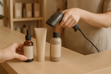 Shop assistant scanning beauty products with a barcode scanner at the checkout counter in a modern beauty shop, efficiently processing customer transactions in a stylish retail environment