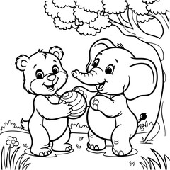 Friendly Bear and Elephant Playing Together in the Forest
