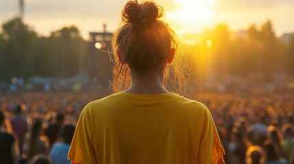 Woman in Yellow Shirt Enjoys Music Concert with Blurred Crowd and Stage in Background at Sunset