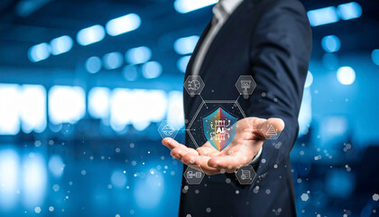 Businessman holding a holographic graphic with an AI icon in the middle of his hand, representing the role of artificial intelligence in data analytics, cyber security.