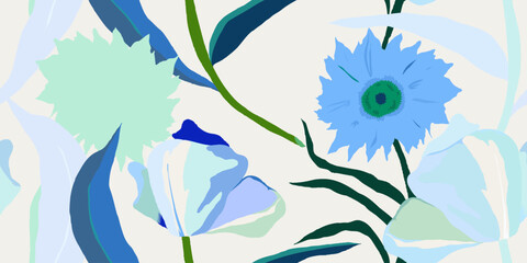Minimal watercolor style floral pattern. Botanical contemporary seamless pattern. Hand drawn unique print.